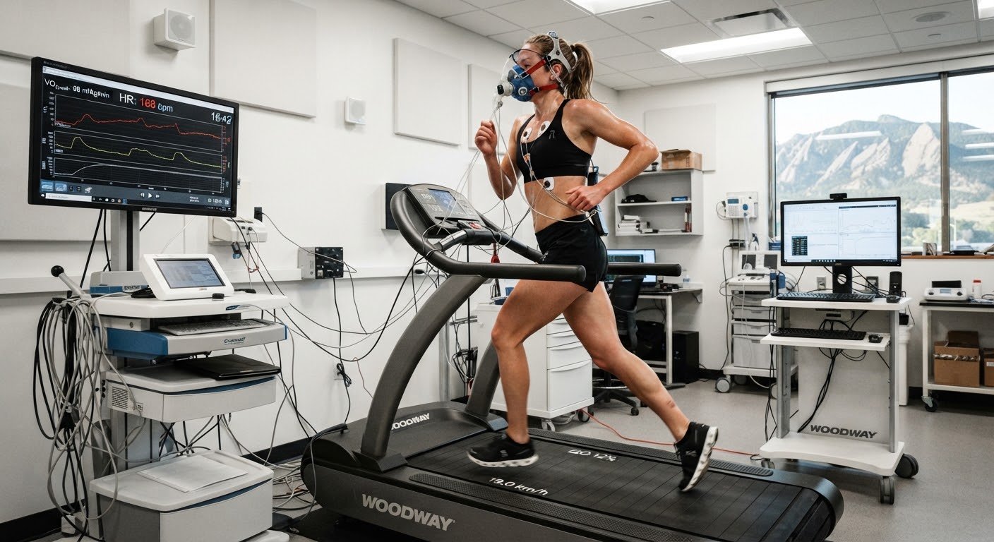 Athlete undergoing maximal treadmill metabolic testing in Boulder laboratory