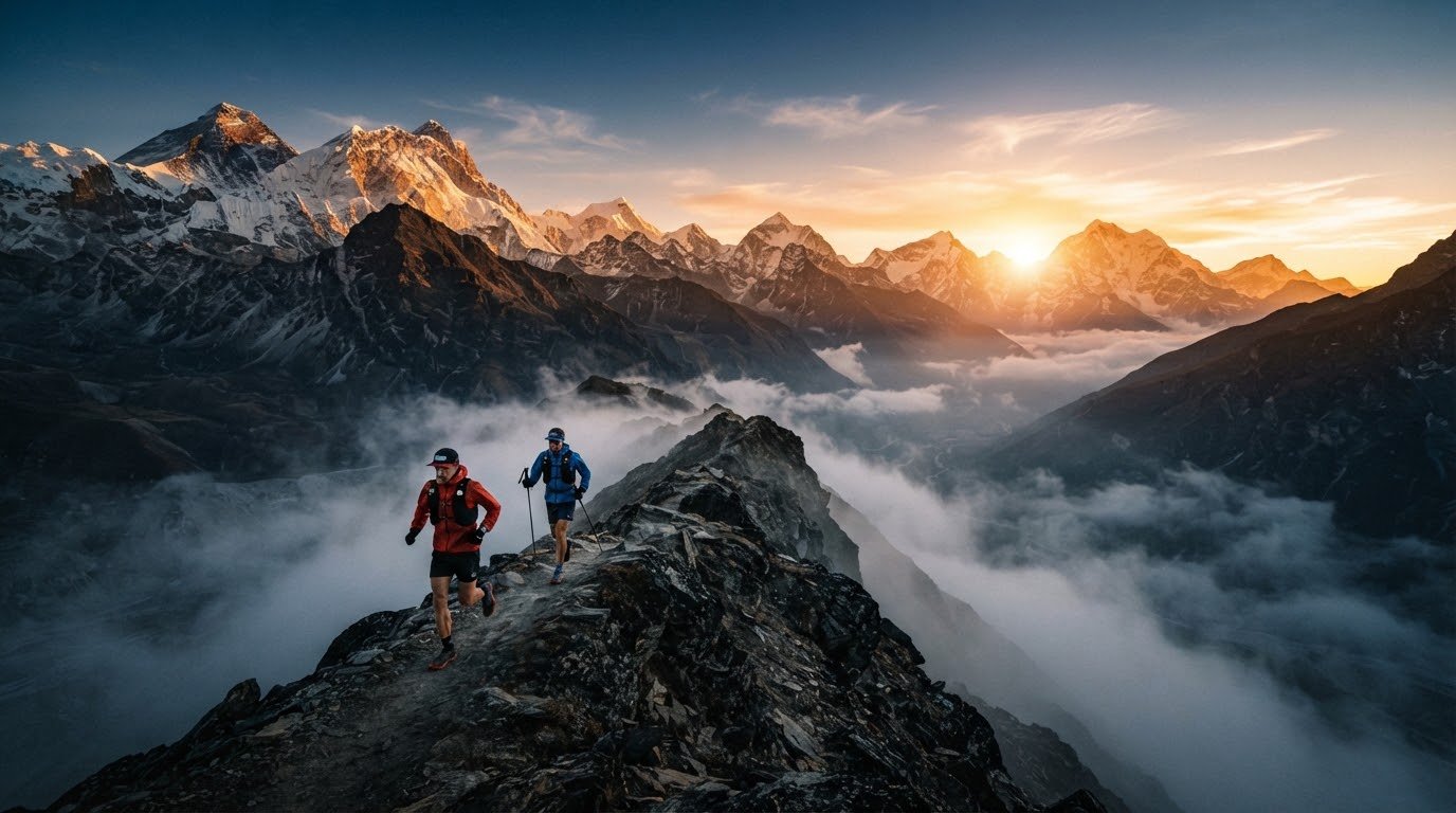 Two trail runners on a Himalayan ridgeline at sunrise