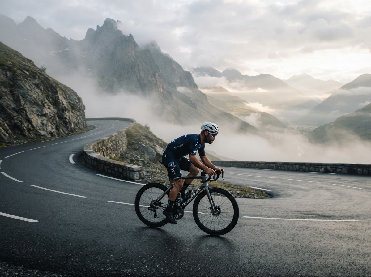 Cyclist carving wet hairpin turn on Bernina Pass
