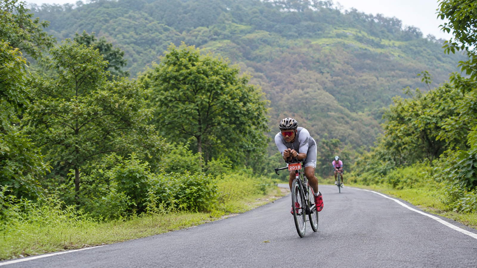 Triathlete training in an aerodynamic race position